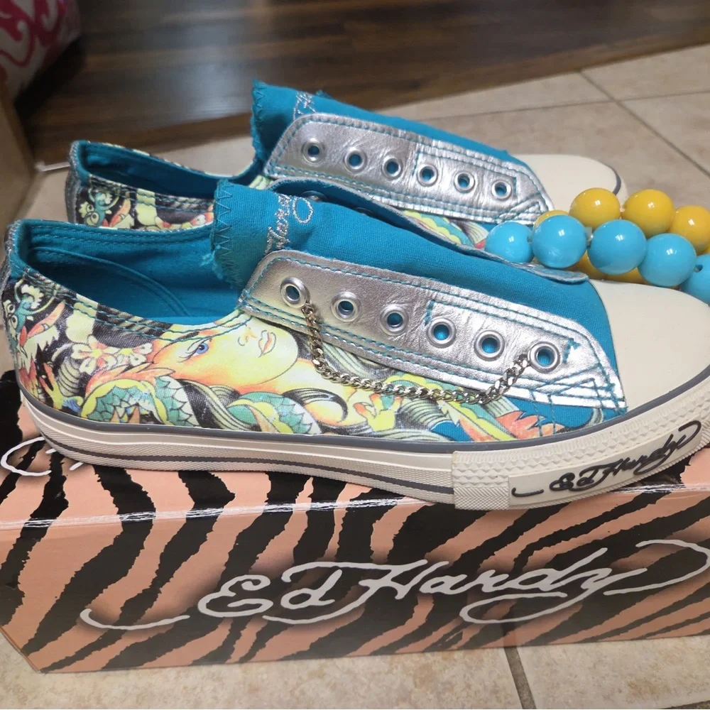 Ed Hardy women’s canvas Teal Floral Slip-On Sneakers Y2K brand New - Picture 1 of 6